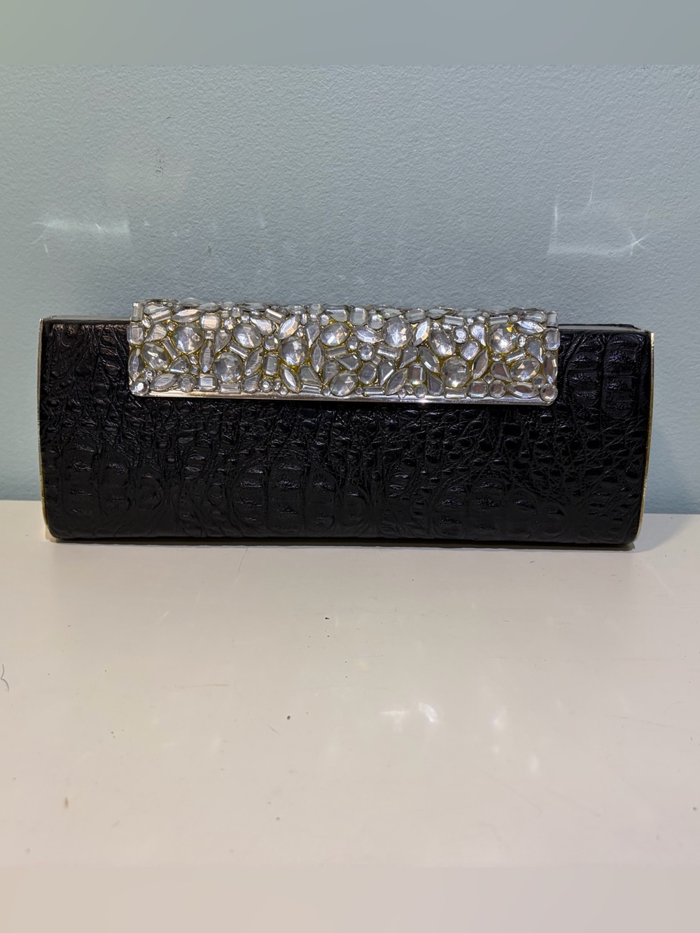 Black Embossed Crocodile Print Evening Clutch Dramatic Crystal Accent & Chain